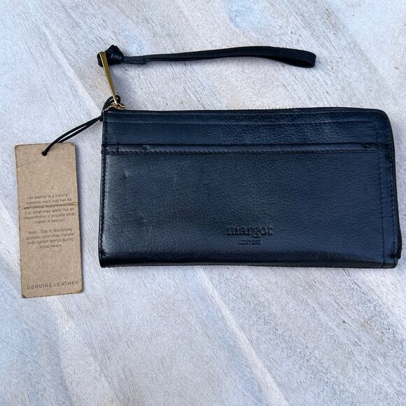 margot Handbags - Margot New York Anthropologie Leather 3/4 Zip Wallet Black Wristlet Strap New